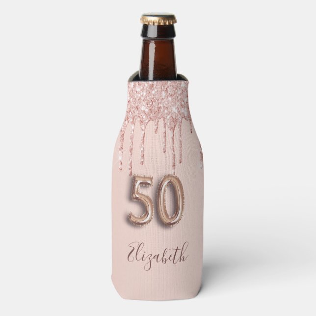 50th birthday rose gold glitter pink bottle cooler (Bottle Front)