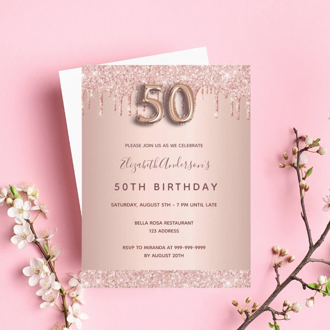 50th birthday rose gold glitter pink invitation postcard (Creator Uploaded)