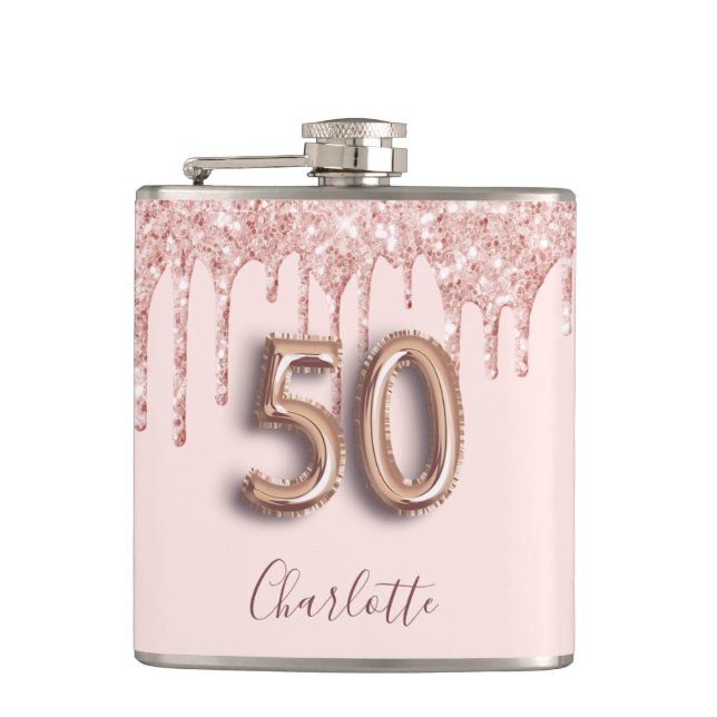 50th birthday rose gold glitter pink monogram glam hip flask (Front)