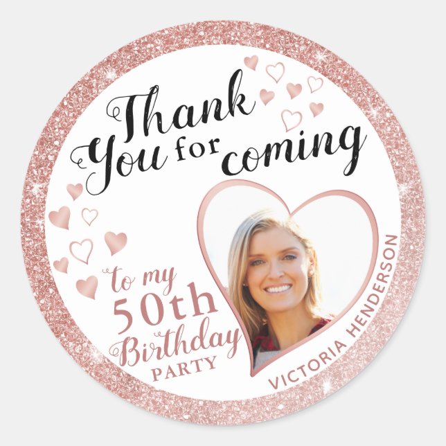 50th Birthday Rose Gold Glitter Thank You Classic Round Sticker (Front)