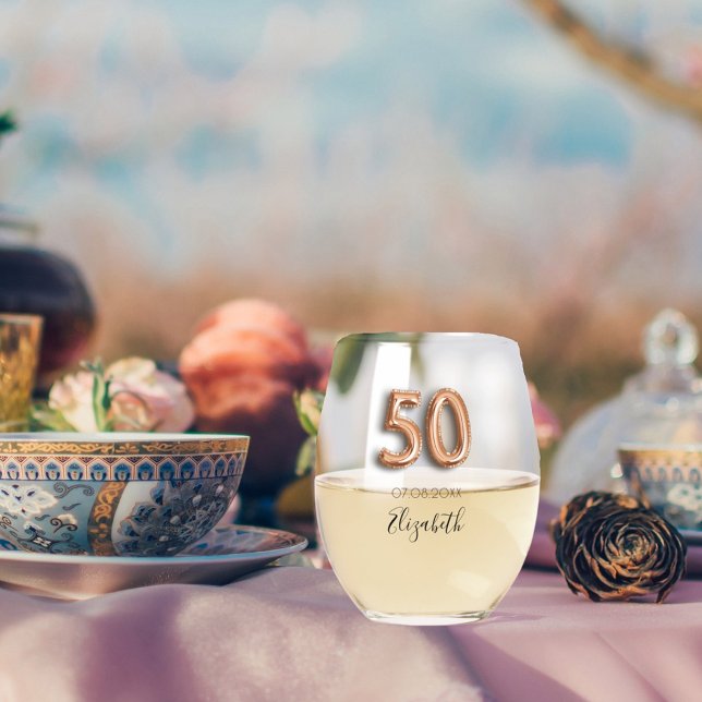 50th birthday rose gold name stemless wine glass (Creator Uploaded)