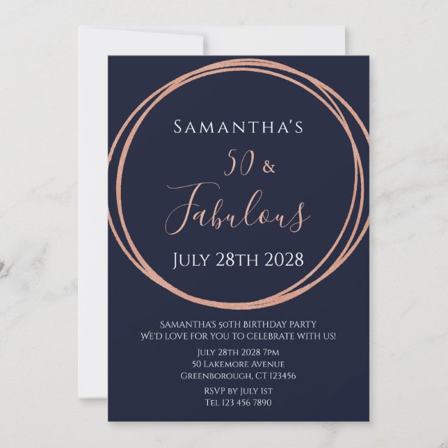50th Birthday Rose Gold Navy Birthday Invitation (Front)