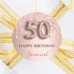 50th birthday rose gold pink drips classic round sticker<br><div class="desc">Elegant, classic, glamourous and girly for a 50th birthday party. Rose gold and blush pink, gradient background. Decorated with rose gold, pink drips, paint dripping look. Personalise and add a name. With the text: Happy Birthday. The text is written with a modern dark rose coloured hand lettered style script. Number...</div>