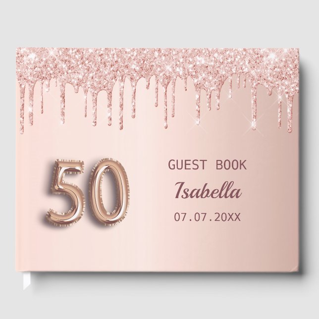 50th birthday rose gold pink drips  guest book (Front)