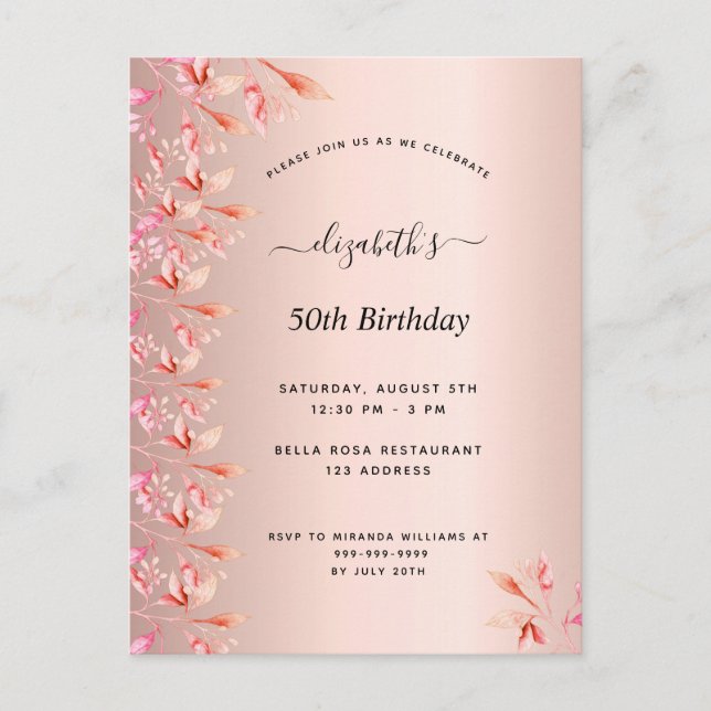 50th birthday rose gold pink floral invitation postcard (Front)