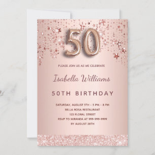 50th birthday rose gold pink stars invitation