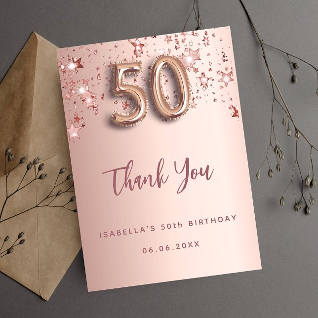 50th birthday rose gold pink stars thank you card (Creator Uploaded)