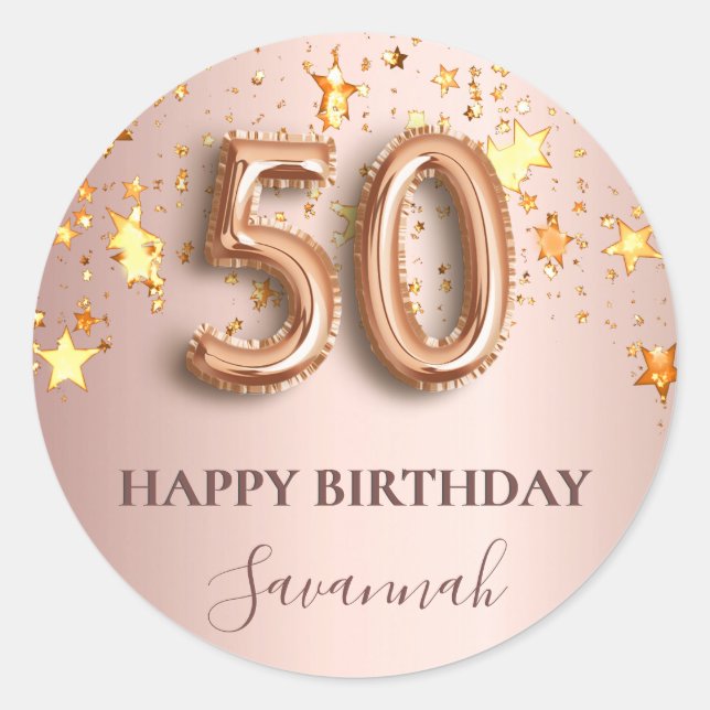50th birthday rose gold stars pink balloon font classic round sticker (Front)