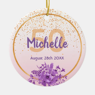 50th birthday rose gold with confetti and flowers ceramic ornament