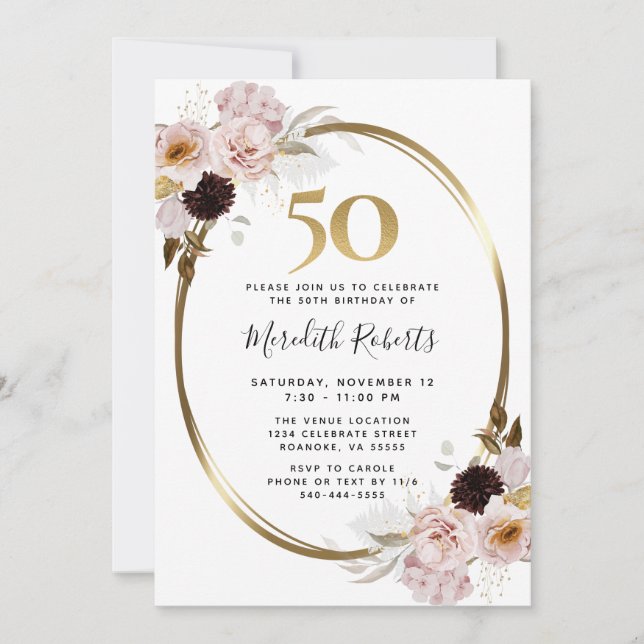 50th Birthday Roses Gold Metallic Floral Party Invitation (Front)