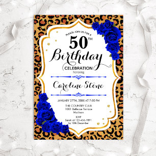 50th Birthday - Royal Blue Gold Leopard Print Invitation