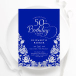 50th Birthday Royal Blue Silver Roses Invitation<br><div class="desc">Royal blue silver elegant 50th birthday party invitation. Classy design featuring roses,  faux silver foil and typography script font. Trendy invite card perfect for a stylish female bday celebration. Personalise with your own details. Can be customised to any age. Printed Zazzle invitations or instant download digital printable template.</div>