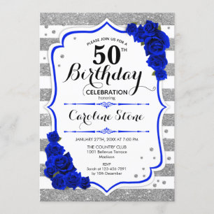 50th Birthday - Royal Blue Silver White Stripes Invitation