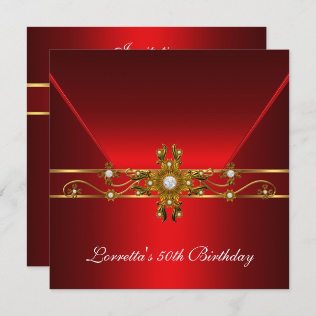 50th Birthday Royal Red Elegant Gold Jewel Invitation (Front/Back)