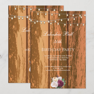 50th Birthday Rustic Fence Fairy Lights Roses Invitation