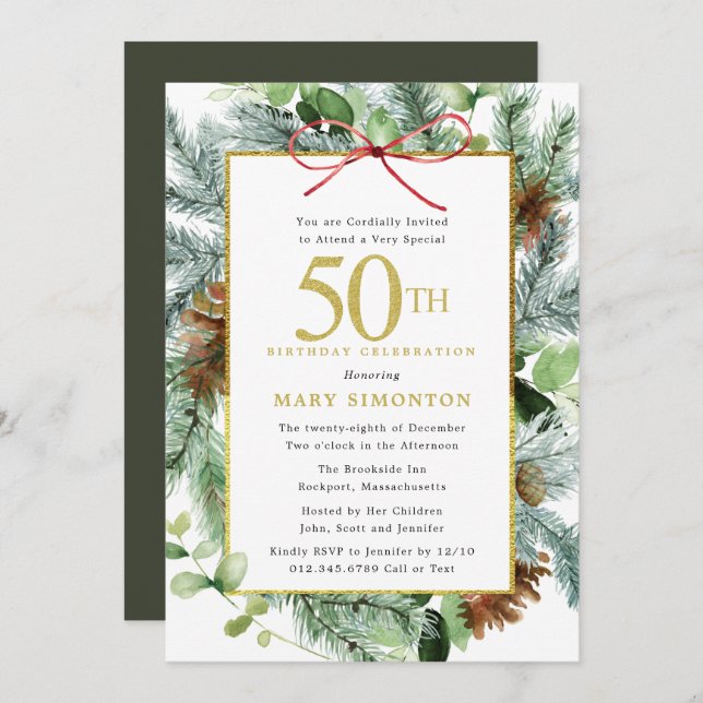 50th Birthday Rustic Winter Botanical  Invitation (Front/Back)