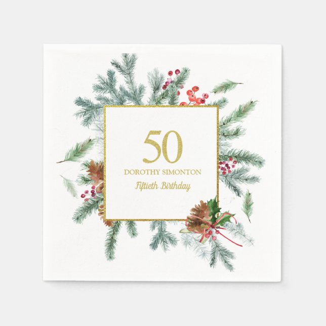 50th Birthday Rustic Winter Greenery Napkin (Front)