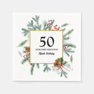 50th Birthday Rustic Winter Greenery Red Bow Napkin