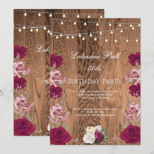 50th Birthday Rustic Wood  Fairy Lights Roses Invitation