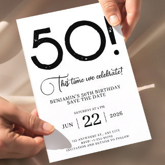 50th Birthday Save The Date Black and White  Invitation