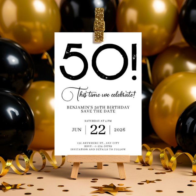 50th Birthday Save The Date Black and White  Invitation (Black and White Save The Date 50th Birthday Invitatio)