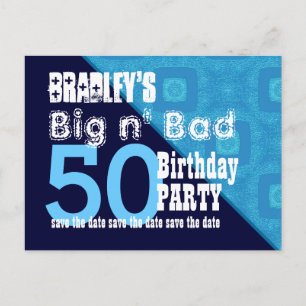 50th Birthday Save the Date Blue Diagonal V02A15 Announcement Postcard