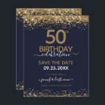 50th Birthday Save the Date Budget Invitation<br><div class="desc">Elegant Faux gold glitter with shimmering confetti highlights on the top and bottom border. All text is adjustable and easy to change for your own party needs. Great elegant 50th birthday template design.</div>