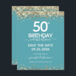 50th Birthday Save the Date Budget Invitation<br><div class="desc">Elegant Faux gold glitter with shimmering confetti highlights on the top and bottom border. All text is adjustable and easy to change for your own party needs. Great elegant 50th birthday template design.</div>