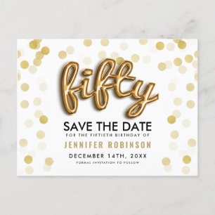 50TH Birthday Save The Date Gold Balloons Glitter Announcement Postcard