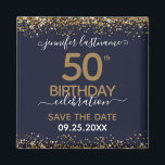 50th Birthday Save the Date Magnet<br><div class="desc">Elegant Faux gold glitter with shimmering confetti highlights on the top and bottom border. All text is adjustable and easy to change for your own party needs. Great elegant 50th birthday template design. Save the date magnet reminder.</div>