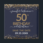 50th Birthday Save the Date Magnet<br><div class="desc">Elegant Faux gold glitter with shimmering confetti highlights on the top and bottom border. All text is adjustable and easy to change for your own party needs. Great elegant 50th birthday template design. Save the date magnet reminder.</div>