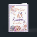 50th Birthday Seashell Coral Card<br><div class="desc">A beautiful 50th birthday card with nautical beach seashells and coral, strings of lights and a pale purple border. The perfect card for those celebrating a milestone birthday. Customise by changing the number then personalise with a name and message which currently reads "Here's a toast to your 50 amazing years...</div>