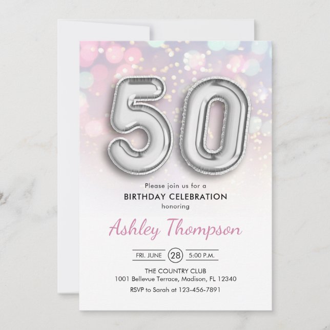 50th Birthday - Silver Balloons Pink Lights Invitation (Front)