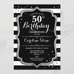 50th Birthday - Silver Black White Stripes Invitation