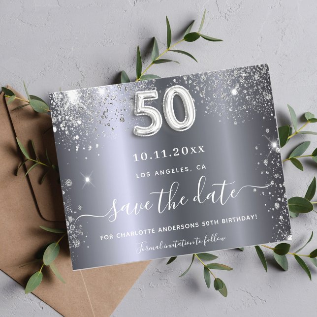 50th birthday silver glitter budget save the date flyer (Creator Uploaded)