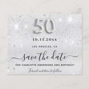 50th birthday silver glitter budget save the date flyer