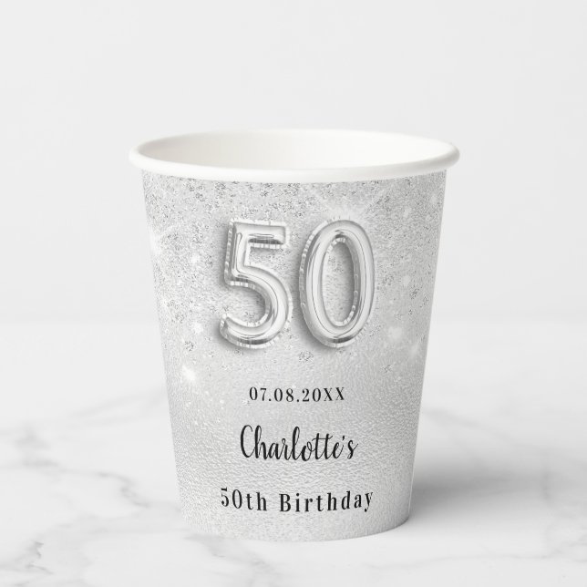 50th birthday silver glitter dust monogram paper cups (Back)