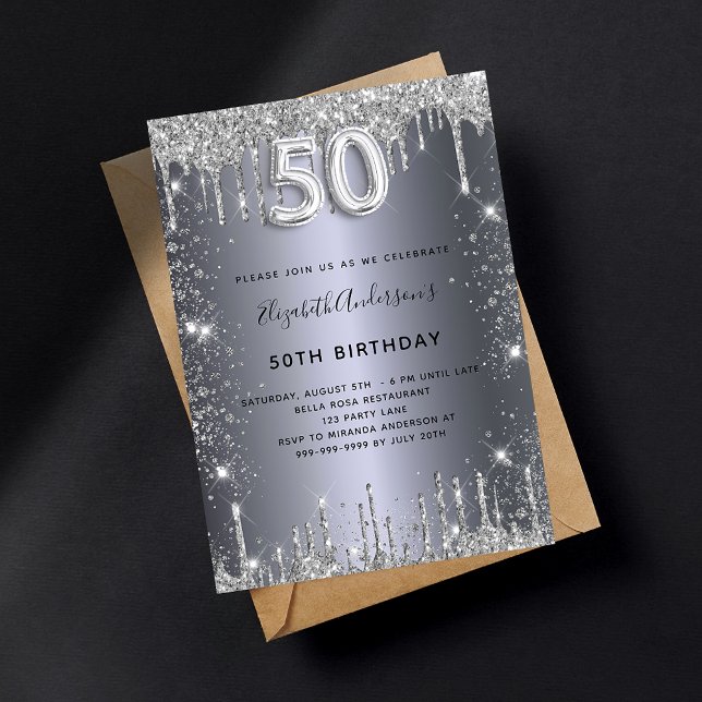 50th birthday silver glitter invitation (Creator Uploaded)