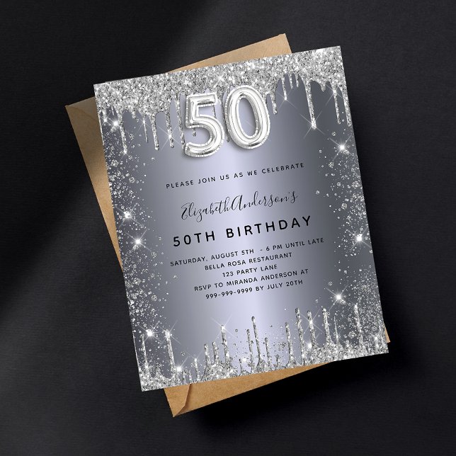 50th birthday silver glitter invitation postcard (Creator Uploaded)