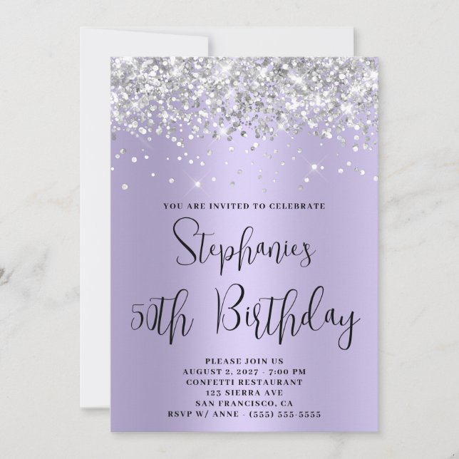 50th Birthday Silver Glitter Light Lavender Ombre Invitation (Front)