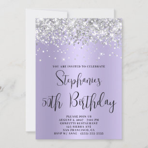50th Birthday Silver Glitter Light Lavender Ombre Invitation
