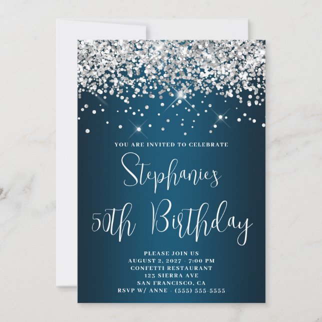 50th Birthday Silver Glitter Ocean Blue Ombre Invitation (Front)