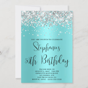 50th Birthday Silver Glitter Pale Aqua Teal Invitation