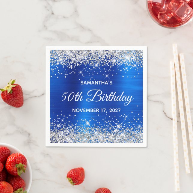 50th Birthday Silver Glitter Royal Blue Foil Napkin (Insitu)
