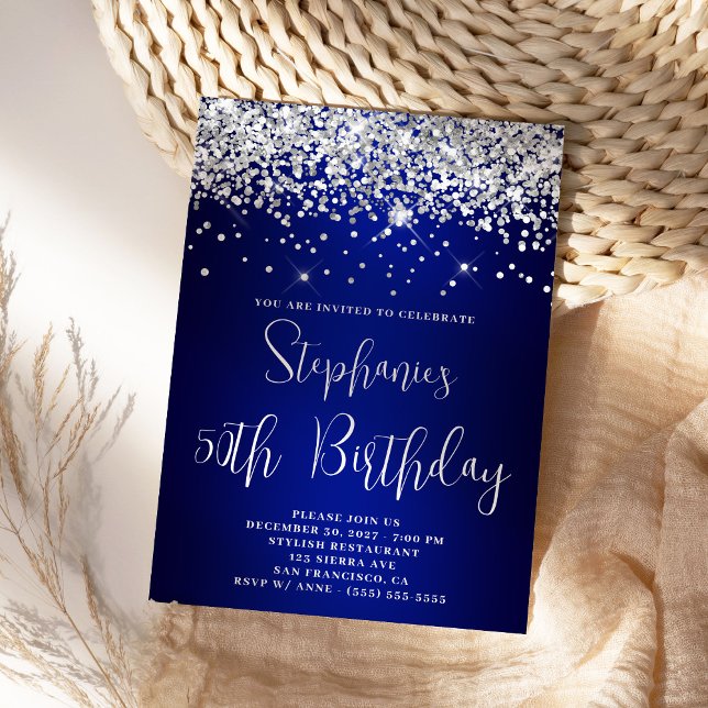 50th Birthday Silver Glitter Royal Blue Navy Ombre Invitation (Silver and Blue Birthday Invite)