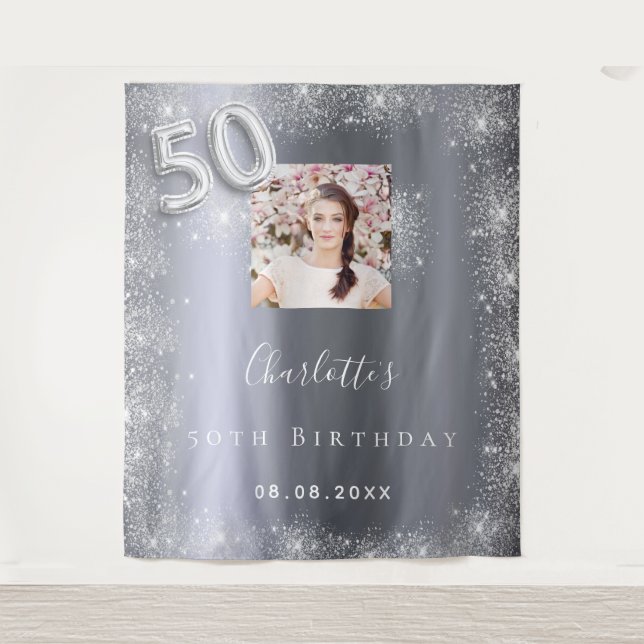 50th birthday silver photo glitter welcome tapestry (Front)