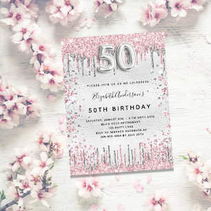 50th birthday silver pink glitter drips invitation
