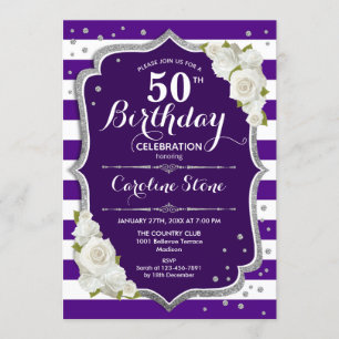 50th Birthday - Silver Purple White Stripes Roses Invitation