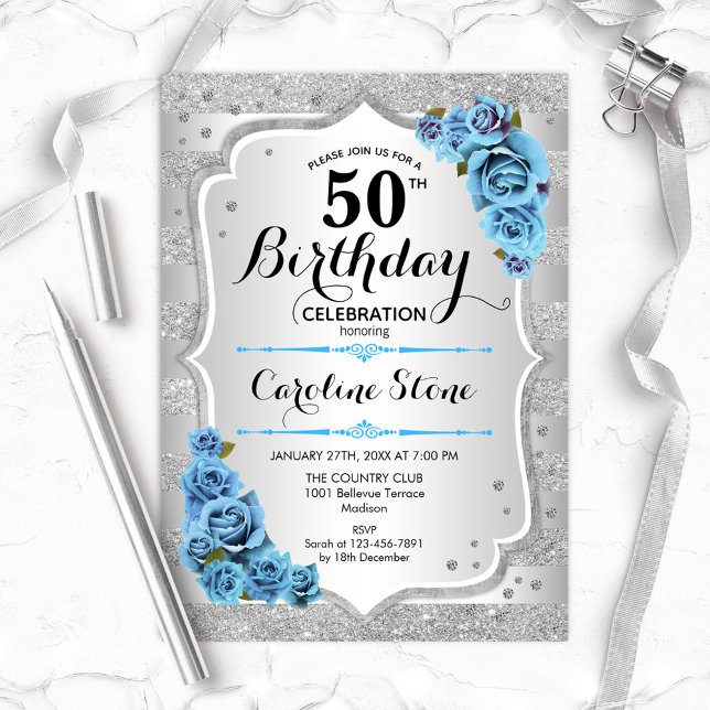 50th Birthday - Silver Stripes Icy Blue Roses Invitation (Creator Uploaded)