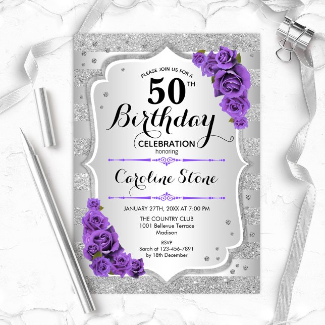 50th Birthday - Silver Stripes Purple Roses Invitation (Creator Uploaded)